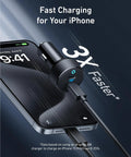 USB C Car Charger With 40W Dual Ports Fast Charge PowerIQ 3.0 Type C Power Delivery for iPhone, shown charging a phone.