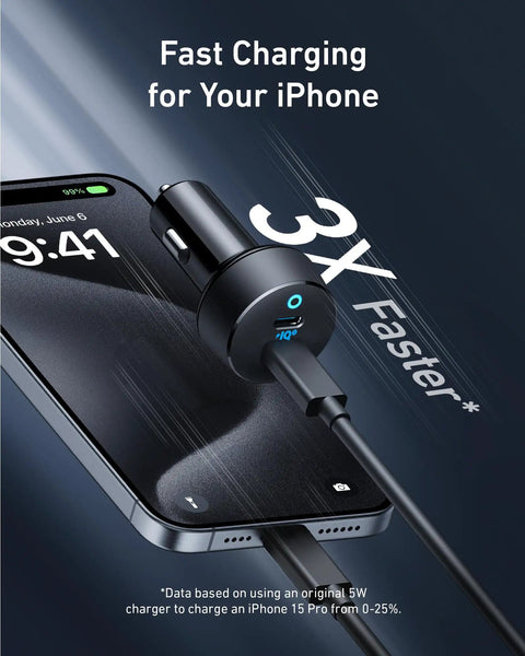 USB C Car Charger With 40W Dual Ports Fast Charge PowerIQ 3.0 Type C Power Delivery for iPhone, shown charging a phone.
