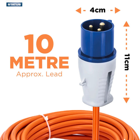 Hella Rugged 10 Meter Heavy Duty Extension Cord 16 Amp 230 Volt IP44 Weatherproof industrial power lead close-up with dimensions.