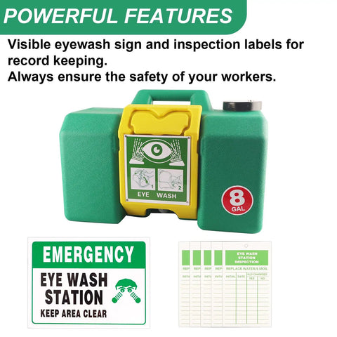 Heavy Duty Eight Gallon Portable Eyewash Station Osha Approved Wall Mount Eye Wash Irrigation Kit For Job Sites with visible signs and inspection labels.