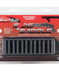 Packaging of Six Round Side Saddle Shell Holder For 12 Gauge Shotguns With Durable Polymer And Aluminum Backing Plate Quick Reload Easy Mount No Gunsmith Needed Fits 870 1100 1187 Black