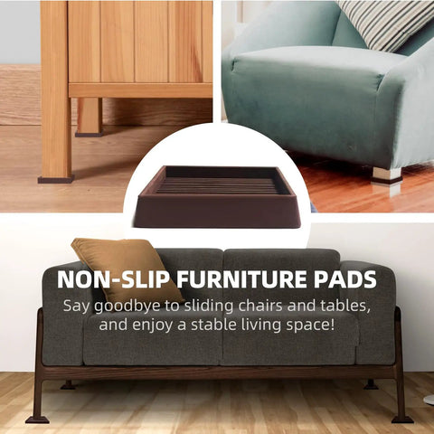 Image showing set of 8 2x2 square rubber furniture caster cups with anti-slip floor grip protecting wooden and carpeted floor surfaces.