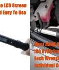 Digital Torque Wrench 1/4 Inch Drive With LCD Peak Hold Range 1.11-22.12 ft-lbs in use on vehicle, showing LCD screen.