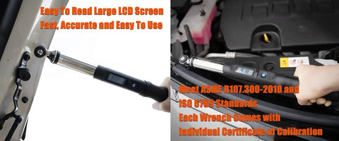 Digital Torque Wrench 1/4 Inch Drive With LCD Peak Hold Range 1.11-22.12 ft-lbs in use on vehicle, showing LCD screen.