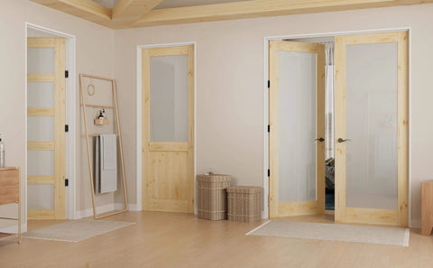 36 Inch By 80 Inch Pine Wood Slab Door With Half Frosted Glass For Interior Rooms, Farmhouse Shaker Style, Easy DIY Stain setup