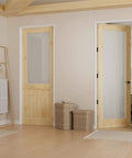 Pine Wood Slab Door With Frosted Glass For Interior Use 36 By 80 Inches Farmhouse Shaker Style shown in a modern room setup