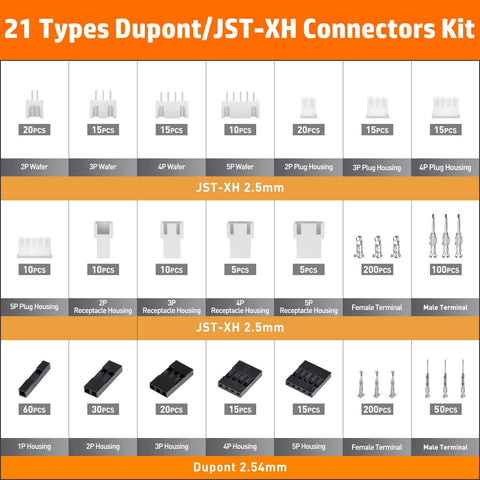 Crimping Tool And Dupont Connector Kit With 21 Styles, 2.54mm Dupont Connectors, 2.5mm JST-XH Contacts, housings displayed.