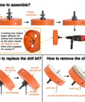 Assembly instructions for Badass Bimetal Recessed Light Hole Saw Kit 6 1/4 And 4 1/4 Inches with drill and components.