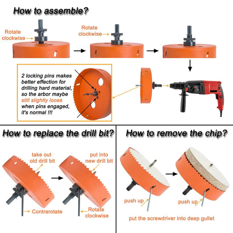 Assembly instructions for Badass Bimetal Recessed Light Hole Saw Kit 6 1/4 And 4 1/4 Inches with drill and components.