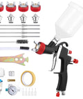 Top Tier LVLP Air Spray Gun Kit With Four Quick Swap Tips And A Roomy Six Hundred Milliliter Cup, showing components and accessories.