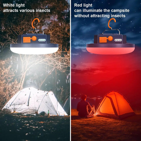 Insect Proof Red Light Camping Lamp With 10000mAh Battery illuminating at campsite, highlighting insect attraction comparison