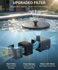 Sun Powered Bird Bath Fountain Pump 1.4W Upgrade With 7 Nozzles floating on water, showing upgraded filter system.
