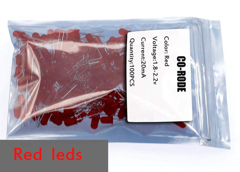 Hella Bright 5mm LED Diodes 100 Pack in clear bag showing red diffused round bulbs for DIY kits and circuits.