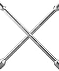 Heavy Duty Four Way Universal Cross Lug Wrench Tire Iron 14 Inch Long forged heat treated carbon steel, chrome plated finish.