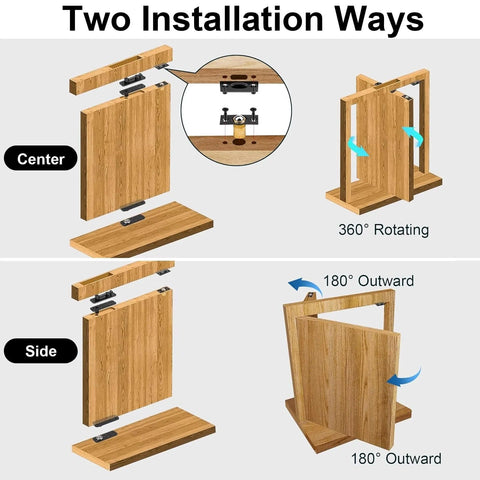 Diagram of Hidden Door Hinge Pivot Kit showing center and side installation for secret doors and bookcases.