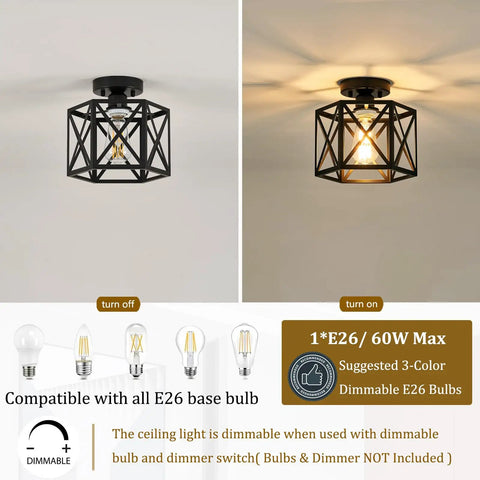 Must Have Industrial Black Hexagon Farmhouse Ceiling Light Fixture, Semi Flush Mount, 9.5 Inch, shown turned off and on