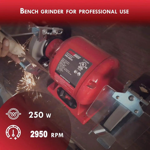 Built Tough Five Inch Bench Grinder Offering Variable Speed Control And Dual Grinding Wheels For Serious Metal Tool Maintenance Featuring Adjustable Eye Shield in operation, sparks flying.