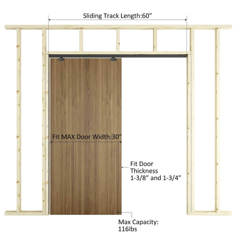 60 Inch Commercial Grade Aluminum Pocket Door Track Kit With Ceiling Mount Box Rail Sliding Hardware For Quiet Smooth Operation, Three Wheel Hangers With Ball Bearings, Built To Last Heavy Duty Pocket Door System For 1 3 8 Inch To 1 3 4 Inch Door Panels installed framing with door panel.