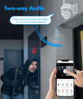Outdoor Wired Security Cam With Starlight Color Night Vision 2K Clarity For Home Security AI Human Detection And Auto Tracking IP65 Weatherproof Two Way Audio US Cloud Alexa Compatible showing two-way audio feature with smartphone alert