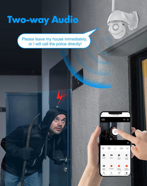 Outdoor Wired Security Cam With Starlight Color Night Vision 2K Clarity For Home Security AI Human Detection And Auto Tracking IP65 Weatherproof Two Way Audio US Cloud Alexa Compatible showing two-way audio feature with smartphone alert
