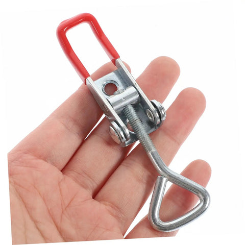 Adjustable Heavy Duty Toggle Clamp Latch Set 4 Pack, Tough Grip, Compact Pull Latch For Cabinets, Tool Boxes, Suitcases, Sliding Doors, Easy Install And Quick Release. Small metal latch in hand