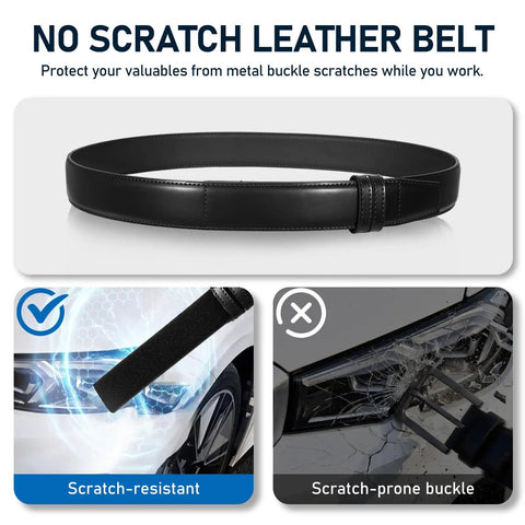 Buckle Free Leather Work Belt For Men Featuring Hook And Loop Closure Adjustable Waist Custom Fit Ratchet Less Strap Quick Swap Locked In Hold Smooth Ride All Day Comfort Flex Heavy Duty Rig Ready, scratch-resistant design.