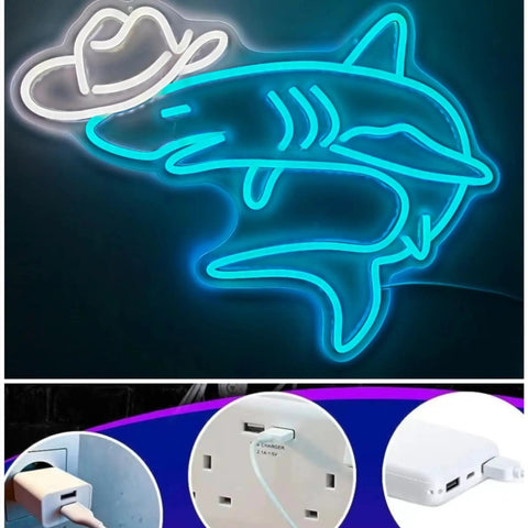 Shark-shaped neon sign with cowboy hat design, featuring vibrant blue glow, ideal for bars and hangouts, LED light for unique decor.