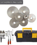 Accessories for Hardcore Mini Metal Lathe 7x12 Inch include metal saw blades and a toolbox with various tools.