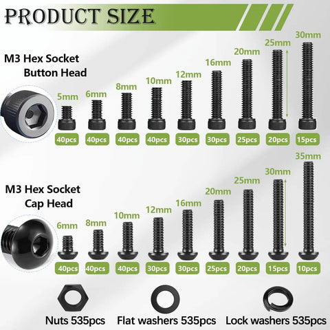 Massive M3 Screw And Nut Assortment Kit with M3 Hex Socket Button and Cap Head screws from 4mm to 35mm sizes displayed.
