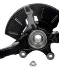 Front Right Steering Knuckle And Wheel Bearing Hub Assembly Replacement For Ford Escape 2005-2012, Mercury Mariner 2005-2011, And Mazda Tribute 2005-2011, Passenger Side Knuckle With Wheel Hub, Drop-In, OEM Grade, shown from front view with nut