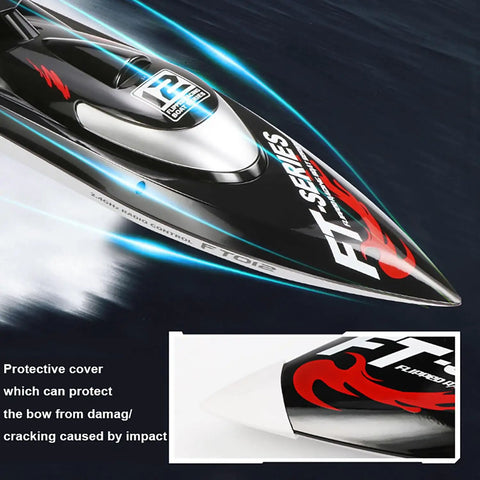 Eighteen Inch Brushless RC Speed Boat With Two Four GHz Remote Control at high speed on water, showing protective cover detail