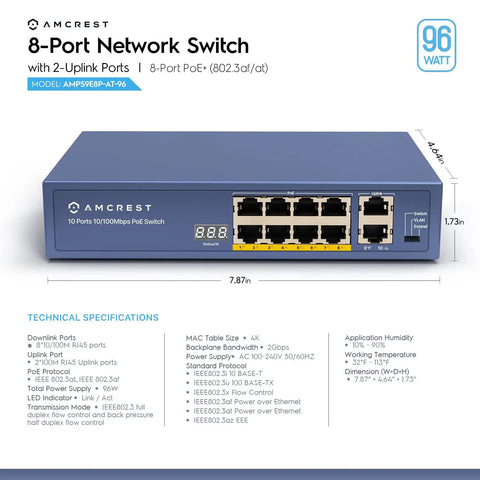 Front view of 8 Port PoE Plus Ethernet Switch with 96W total power, 802.3at unmanaged desktop, for IP cameras and APs, 2 port uplink.