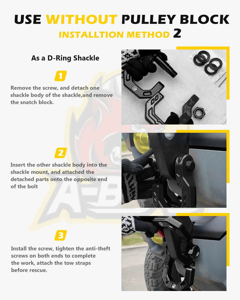 Separate D Ring Shackle With Pulley Block Snatch Block Three Quarters Inch Easy Open Off Road Recovery Set Built For Tough Jobs Beefed Up Heavy Duty 26 Ton Breaking Strength Ideal For Tow Trucks And Vehicle Recovery Black installed on off-road bumper