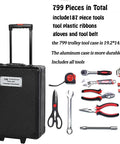 799Pcs Aluminum Trolley Case Tool Set With Belt And Gloves, 187 Polishing Tools, DIY Ready Household Hand Tools, Home Repair Kit, Black Case.