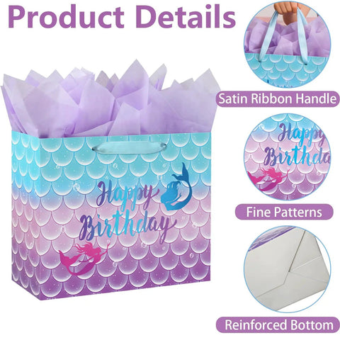 Mermaid Themed Birthday Gift Bag Set For Kids With Tissue Paper And Greeting Card 13 Inch Large Gift Bag With Handle