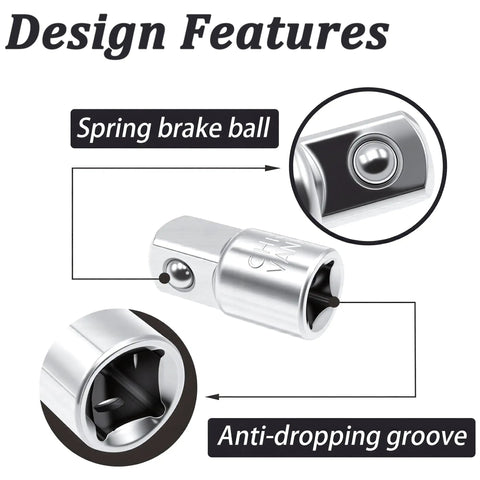 Design features of Heavy Duty Chromium Vanadium Steel Socket Adapter Set with spring brake ball and anti-dropping groove.