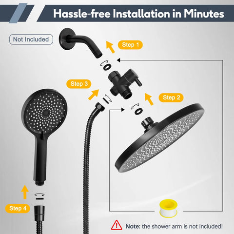 Installation steps for 8.5 Inch Matte Black Shower Head With Handheld Spray Combo, Dual Rain Shower Head With Hose, 3 Way Diverter