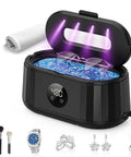 Blast Daily Grime With This Legit Ultrasonic Jewelry Cleaner Using Fifty KHz Waves For Nitty Gritty Cleaning On Rings Eyewear Retainers And Straps Alongside A 420 Ml Tank And Sleek Black Design showing eyewear and cleaning accessories in ultrasonic cleaner.