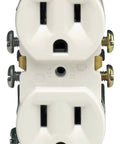 10 Pack White 15 Amp 125 Volt Grounded Duplex Wall Outlets With Quickwire Setup and Double Grip Contacts view of outlet face.