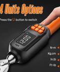 Close-up of digital torque wrench with LCD display showing units, featuring handle and controls for bike and auto repair.