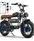 Full Throttle Moped Style Electric Bike Delivering Serious Kick With Dual Motors And Epic Peak Three Thousand Watt Punch side view with vintage quilted leather seat and smartphone dashboard