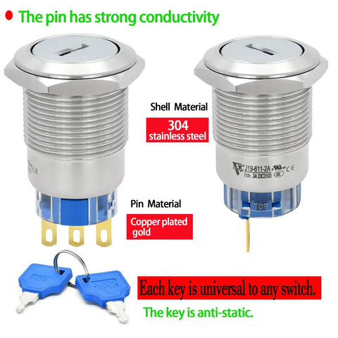 Three Quarter Inch Key Switch With Metal Locking Housing UL Listed SPDT Two Position 1NO1NC Maintained Latching Rotary On Off Switch With Wire Leads