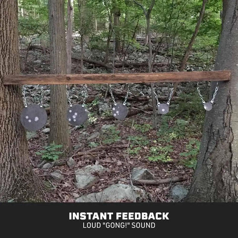 Five Pack AR500 Steel Gong Targets Set For Range Training hanging in forest for shooting practice