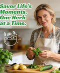 Woman in kitchen holding basil from Ultimate 15 In 1 Herb Garden Starter Kit For Indoor And Outdoor Growing With 15 Popular Herb Seeds Biodegradable Pots