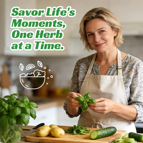 Woman in kitchen holding basil from Ultimate 15 In 1 Herb Garden Starter Kit For Indoor And Outdoor Growing With 15 Popular Herb Seeds Biodegradable Pots