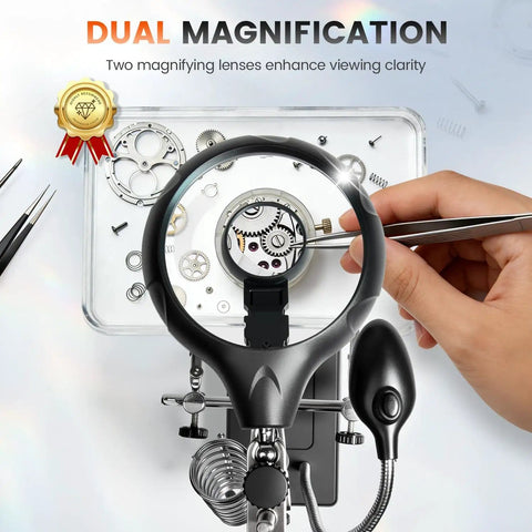 Desktop LED Magnifying Glass Soldering Station with handy helping hands, 2.5X 7.5X 10X magnifier, alligator clips and bright LED light