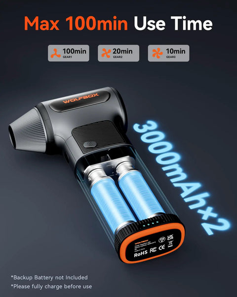 Cordless Air Duster With Removable Battery And Four Nozzles For Deep Cleaning On Computers Cars Windows Home And Outdoor Use Three Speed Adjustable Mini Blower Go To Keyboard Cleaning And Dust Removal, showing 3000mAh batteries and max 100min use time.