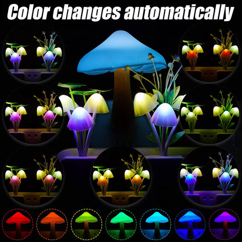 Eight Piece Mushroom Night Light Set With Seven Color Changing LED Lamps in various colors and shapes, auto-change feature