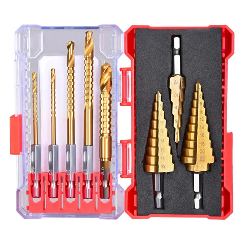 Pro Grade Step Drill Bits And Jobber Drill Bits Set With Titanium Plated HSS Hex Shank For Metal Wood And Plastic Includes 3 Step Bits With 10 Sizes And 5 Individual Jobber Bits Plus Plastic Index Storage Case displayed in open plastic storage case.