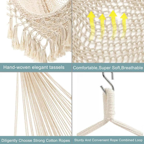 Close-up of Cozy Cotton Rope Hammock Chair With 330Lb Weight Capacity showing beige tassels and strong rope.
